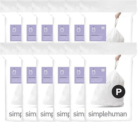 simplehuman Code P Custom Fit Liners Extra Large Ultra Strong Trash Bags 50-60 Liter / 13-16 Gallon 12 Refill Packs (240 Count)