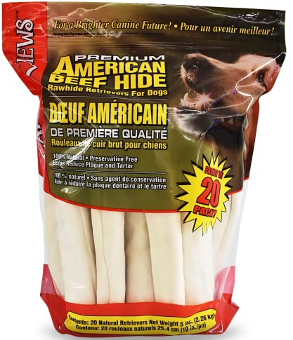 Canine Chews 10-11 Rawhide Bones for Large Dogs, Durable USA Beefhide Dog Rawhide Chews, Retriever Rolls 20 Pack (5 lbs)