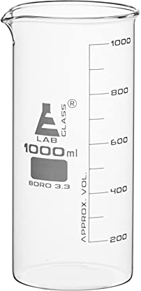 Eisco Borosilicate 3.3 Glass Beaker - 1000ml | Tall Form with Spout | 100ml Graduations | 238mm Tall | 92.5mm Inner and 95mm Outer Diameter | Scientific Glassware for Lab Measurements