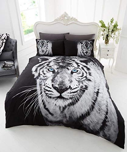 GC GAVENO CAVAILIA 3D WILDLIFE WHITE TIGER Bed Set with Duvet Cover and Pillow Case, Polyester-Cotton, Multi, Double