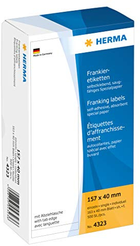 HERMA 4323 Frankieretiketten für Frankiermaschinen, 157 x 40 mm, 500 Stück, selbstklebend, matt, einzeln, Papier Frankier-Etiketten Klebeetiketten Aufkleber mit Abziehlasche, weiß