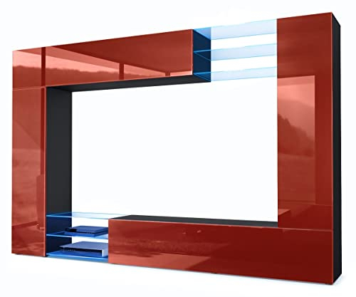 Vladon Wohnwand Mirage, Made in Germany, Anbauwand mit Rückwand mit 2 Türen, 2 Klappen und 6 offenen Glasablagen, Schwarz matt/Bordeaux Hochglanz, inkl. LED-Beleuchtung (262 x 183 x 39 cm)