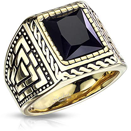 Bungsa 62 (19.7) Massiver goldener Siegelring mit einem quadratischen Onxy-Schmuckstein aus 316L Edelstahl Unisex