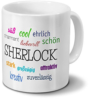 Tasse mit Namen Sherlock - Motiv Positive Eigenschaften - Namenstasse, Kaffeebecher, Mug, Becher, Kaffeetasse - Farbe Weiß