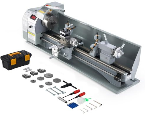 CREWORKS 1100W Mini Tour à Métaux d'Établie 220x750mm 9x30 Haute Précision avec Mandrin à 3 Mâchoires et Vitesse de Broche Max. 3000rpm Écran LCD pour Filetage Tournage Perçage