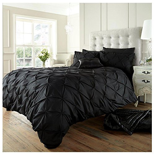 GC GAVENO CAVAILIA Pintuck Duvet Cover Sets, Pinch Pleat Bedding Quilt Covers, Polycotton Bed Covers Breathable Double Bed Set With Pillowcases Black