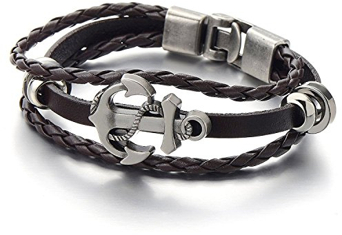 COOLSTEELANDBEYOND Anker Multi-Strang Braun Leder-Armband Wickeln Schweißband Jungen Herren-Armband Geflochtenes Leder