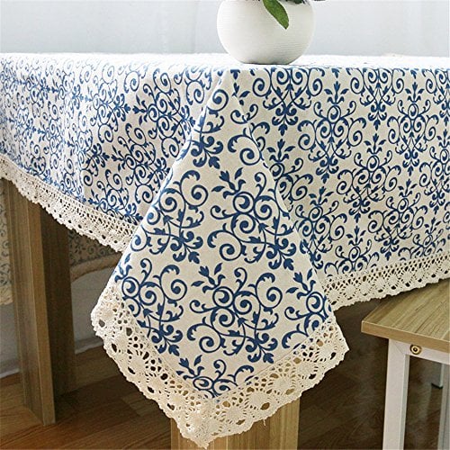 Superwinger Classic Linen Cotton Blue Flower Printed Tablecloth Dustproof Rectangular Table Cloth Wedding Party Hotel Table Cover,Assorted Size