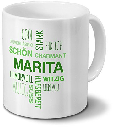 printplanet Tasse mit Namen Marita Positive Eigenschaften Tagcloud - Grün - Namenstasse, Kaffeebecher, Mug, Becher, Kaffeetasse