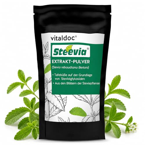 vitaldoc Steevia Extrakt Pulver, 50 g Zuckerersatz aus Steviolglycosiden, bis zu 350x stärker als Zucker, kalorienfreier Süßstoff für Getränke, Speisen und Backen, GESUND & Leben Qualität