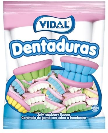 Vidal Golosinas. Dentaduras. Las originales en colores blanco, azul, verde y amarillo. Caramelo de goma con forma de dentadura, sin gluten ni grasa. Bolsa 250 u