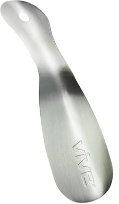Vive Small Metal Shoe Horn for Men, Women & Kids - Mini Shoe Spoon - Lazy Shoe Helper for Elderly & Seniors - Short Stainless Steel Shoe Horn with Hook - Portable, Travel Size with Wide Handle