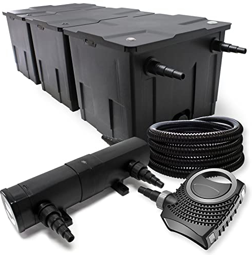 Wiltec Komplettset: CBF-350C Teichfilter bis 90000 L Teichfilteranlage als Durchlauffilter, NEO10000 SuperECO Teichpumpe 10000l/h 80W, CUV-224 Teichklärer UVC Klärer mit 24W, 25m Teichschlauch 25 mm