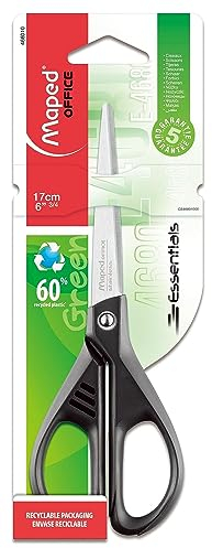 Maped - Tijeras de Oficina - Essentials Green Simétrica 17 cm - Tijeras Negras - Hojas y Remaches de Acero Inoxidable - Anillas Ergonómicas para Ambidiestros - Punta Afilada