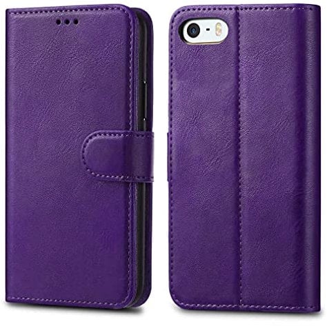 iPhone SE 5 5S Case Premium Leather Flip Wallet Case Cover Pouch For iPhone SE 5 / 5S and Screen Protector With Polishing Cloth And Stylus (Purple)