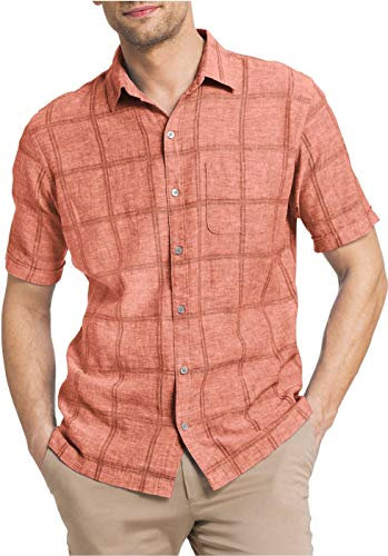 Van Heusen Men's Short Sleeve Windowpane Linen Cotton Shirt, Red Ketchup, Medium