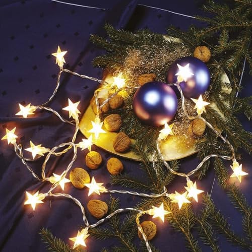 hellum Lichterkette Innen mit Sternen, 20 Lichter Stern beleuchtet warmweiß, 190cm beleuchtete Länge strombetrieben, transparentes Kabel, Weihnachtsbeleuchtung Innen Fenster, Weihnachtsdeko 592627