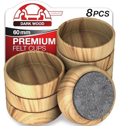Medipaq Felt Castor Cups – 8x Large 60mm Dark Wood Grain – Protects Wooden & Smooth Floors – Chair & Furniture Leg Protectors
