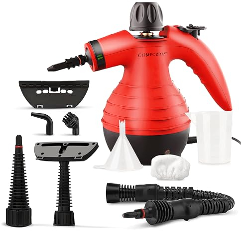 Comforday Nettoyeur Vapeur à Main 9 Accessoires nettoyeur haute pression Multi-usage, pour sols, meuble, voiture, salle de bain, fenêtre, tapis cuisine, steamer cleaner (Rouge)