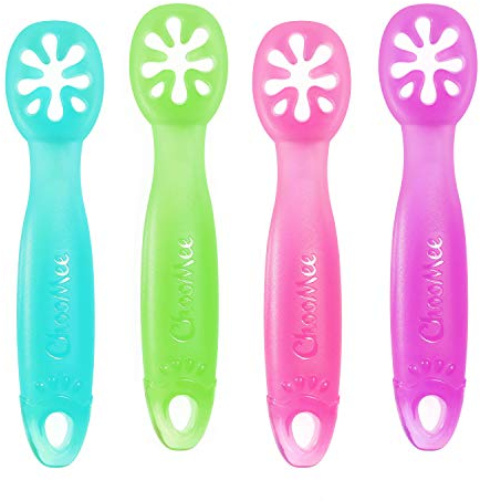 ChooMee FlexiDip Baby Starter Spoon | Platinum Silicone | First Stage Teething Friendly Learning Utensil | 4 CT | Four Colors