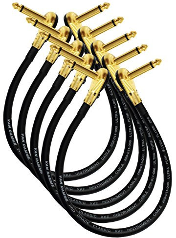 5 Units - Van Damme Pro Grade Classic XKE - 10 Inch (25 cm) – Premium, Ultra-Flexible Multi -Shielded Guitar Bass Effects Instrument, Patch Cable - with Premium Gold Plated, Low-Profile, Right Angled Pancake type TS (6.35mm) Connectors