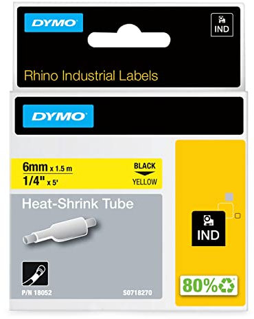 DYMO Rhino Industrie Schrumpfschlauch-Kabeletiketten | 6 mm, 1,5 m | Schwarz auf gelb | für DYMO Rhino Beschriftungsgerät