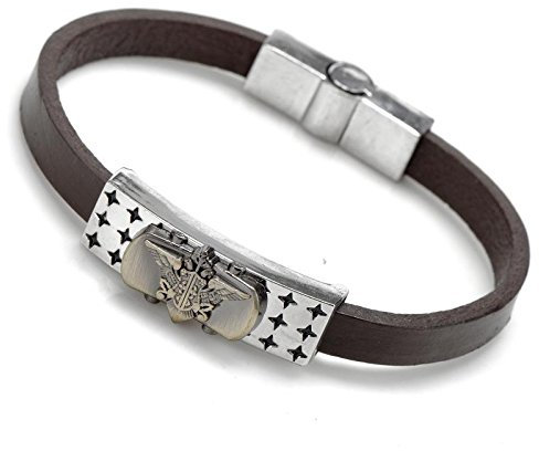 Gemini Armband braun, 1x Element mit Aufsatz Adler, hochwertiges Leder, Hakenverschluss polierter Edelstahl, Altdeutsches Design für Boys, Girls, Herren, Damen, Unisex, 20,3 cm (Länge)