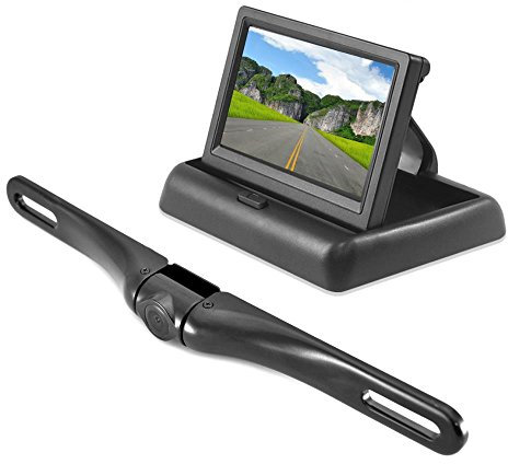 Pyle PLCM4500 Universal 4.3 inch Pop Up Stealth Monitor/License Plate for Rear View Backup Camera System and Built In Distance Scale Lines - Aluminum Black Chrome