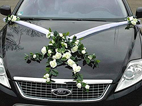 Spitze STRAUß Auto Schmuck Braut Paar Rose Deko Dekoration Autoschmuck Hochzeit Car Auto Wedding Deko PKW (Weiß)