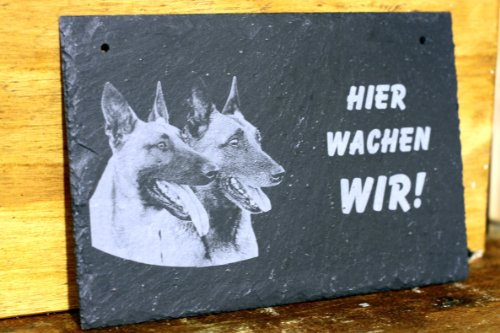 condecoro Schiefertafel Hier wache ich/wir - Malinois Belgischer Schäferhund Foto- Gravur Türschild Schild