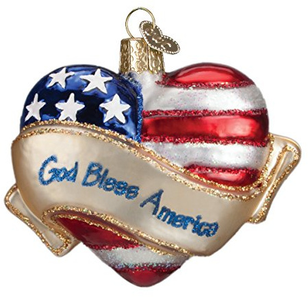 Old World Christmas God Bless America Heart Glass Blown Ornament for Christmas Tree, Handcrafted Holiday Decoration, Heart Collection