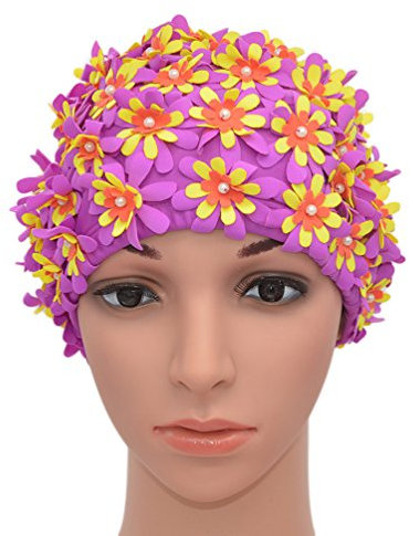 Medifier Cuffia da donna stile rétro con petali, motivo floreale, da piscina, Purple