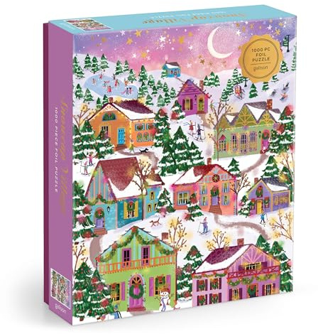 Galison Snowcap Village – 1000 Piece Foil Joy Laforme Jigsaw Puzzle Featuring Beautiful Artwork Of Snowcapped Village During Christmas