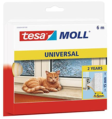 tesa tesamoll Universal Schaumstoff - Schaumstoffdichtung zum Isolieren von Spalten im Haushalt, selbstklebend - Weiß - 6 m x 15 mm x 5,5 mm