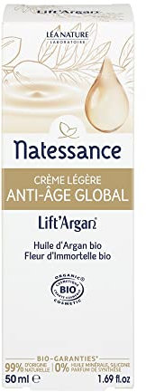Natessance | Crème Légère Anti-Âge Global – Lift’Argan | Action complète sur les signes du vieillissement cutané : rides, fermeté, sécheresse | Peaux normales à mixtes | 98% d’origine naturelle|50 ml