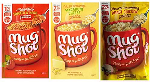 Mug Shot Pasta 6 Pack Bundle. 3 Flavours. 2 of Each: Roast Chicken; Macaroni Cheese; Tomato & Herb.