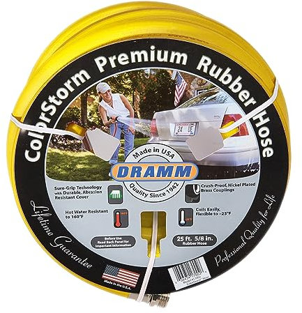 DRAMM ColorStorm Premium-Gummi-Gartenschlauch, kein Knicken, auslaufsicherer Wasserschlauch, männliche weibliche Armaturen, hitze- und kältebeständig, 518 Burst PSI, Gelb, 1,6
