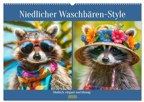 Niedlicher Waschbären-Style. Modisch, elegant und blumig (Wandkalender 2026 DIN A2 quer), CALVENDO Monatskalender: Frecher Looks und Abenteuer mit diesen pelzigen Modellen (CALVENDO Tiere)