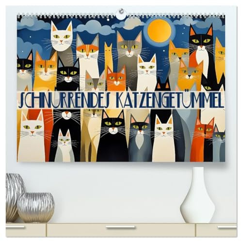 Schnurrendes Katzengetümmel (hochwertiger Premium Wandkalender 2026 DIN A2 quer), Kunstdruck in Hochglanz: Humorvolle Darstellungen farbenfroher ... kunstvoll in Szene gesetzt (CALVENDO Kunst)