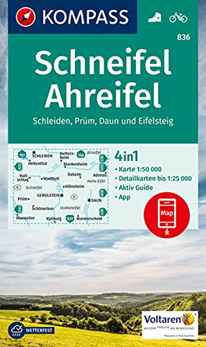 KOMPASS Wanderkarte 836 Schneifel, Ahreifel, Schleiden, Prüm, Daun, Eifelsteig 1:50.000: 4in1 Wanderkarte mit Aktiv Guide und Detailkarten inklusive ... Verwendung in der KOMPASS-App. Fahrradfahren.