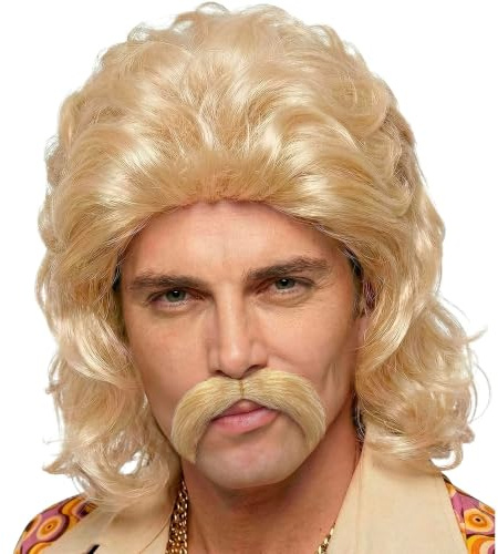 Mens 70s Man & Moustache - Blonde Wig for Hair Accessory Fancy Dress