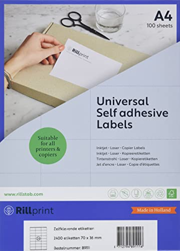 Rillprint Vielzweck Etiketten Selbstklebend - 2400 Stück - 70 x 36 mm - 24 Klebeetiketten pro A4-Blatt - Bedruckbar & Abziehbar - Universal Adressaufkleber - 100 Blatt, Weiß