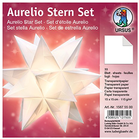 Ursus 15875500 - Faltblätter Aurelio Stern uni, weiß, 33 Blatt, aus Transparentpapier 115 g/qm, ca. 15 x 15 cm, einseitg bedruckt, ideal als zeitlose, elegante Wohndekoration