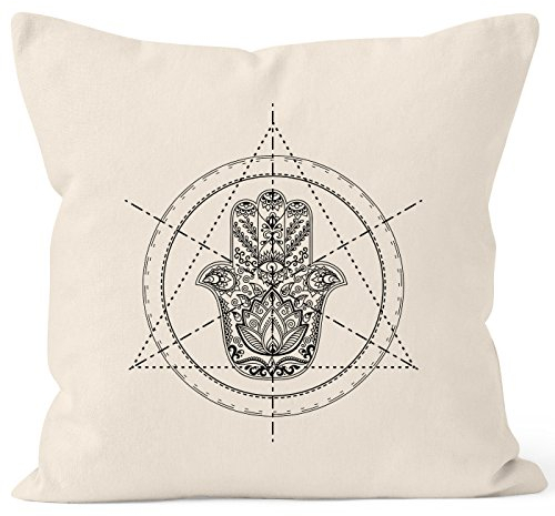 Autiga Kissenbezug Kissen-Hülle Hamsa Hand der Fatima Glücksbringer Deko-Kissen 40x40 Baumwolle Geschenk Natur 40cm x 40cm