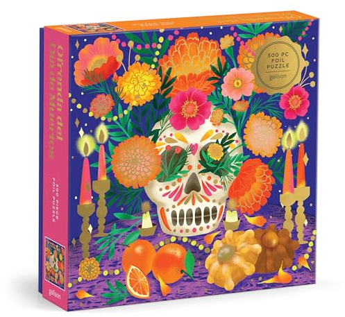 Galison Ofrenda Día de Muertos – 500 Piece Foil Jigsaw Puzzle Featuring Beautiful Artwork Of Day Of The Dead Alter With Colorful Candles And Flowers