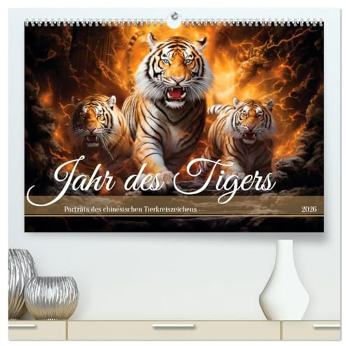 Jahr des Tigers - Porträts des chinesischen Tierkreiszeichens (hochwertiger Premium Wandkalender 2026 DIN A2 quer), Kunstdruck in Hochglanz: Tierkreiszeichen Tiger in Airbrushtechnik (CALVENDO Tiere)