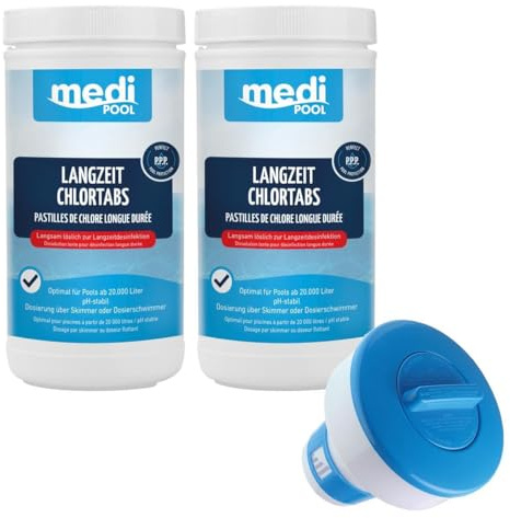 Wasserpflegeset Langzeit ChlorTabs 200g, 2X 1 kg und 1x Dosierschwimmer