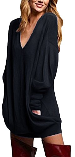 ZANZEA Damen V-Ausschnitt Lose Langarm Oberteile Oversize Lang Sweatshirt Tops Schwarz S