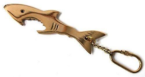Haifisch Messing Flaschenöffner mit Karabiner 16cm Hai Schlüsselanhänger