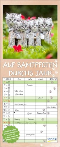 Auf Samtpfoten durch's Jahr 2024: Familienplaner mit 4 breiten Spalten. Hochwertiger Familienkalender mit Ferienterminen und Vorschau bis März 2025. 19 x 46 cm.